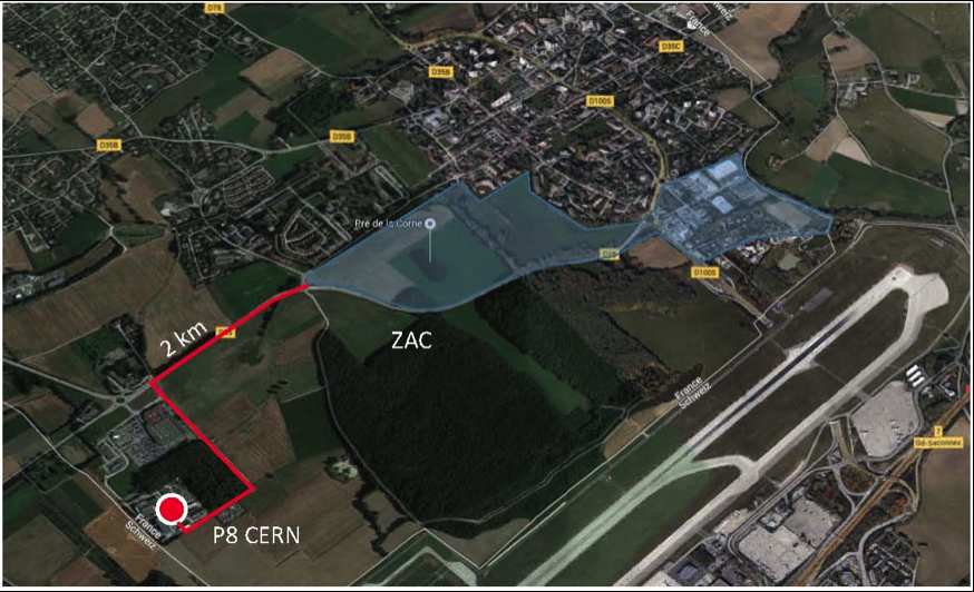 The red line indicates where the pipes will be placed, to funnel heat from the LHC Point 8 to the new ZAC development, bordered in blue