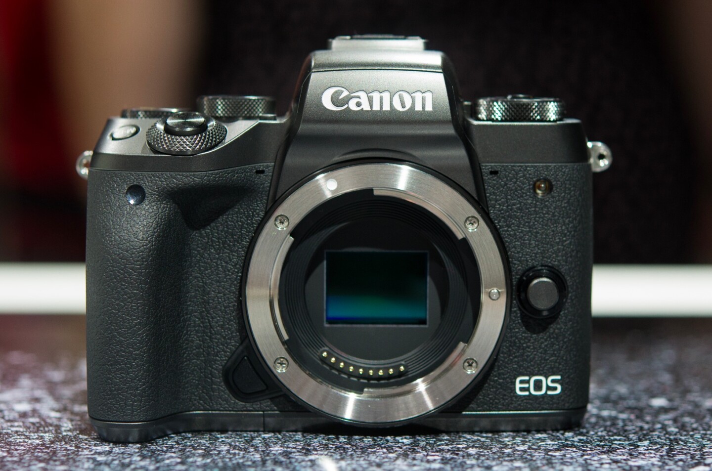 The Canon EOS M5 camera without a lens mounted