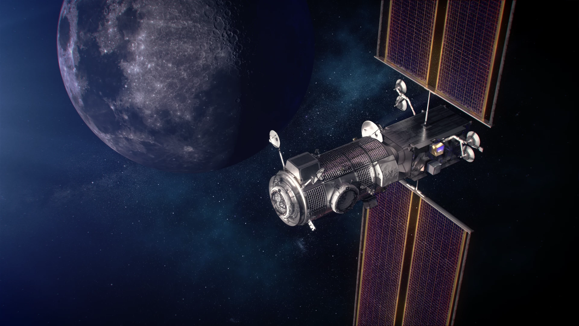 Artist's concept of the Gateway power and propulsion and Habitation and Logistics Outpost, or HALO, in orbit around the Moon