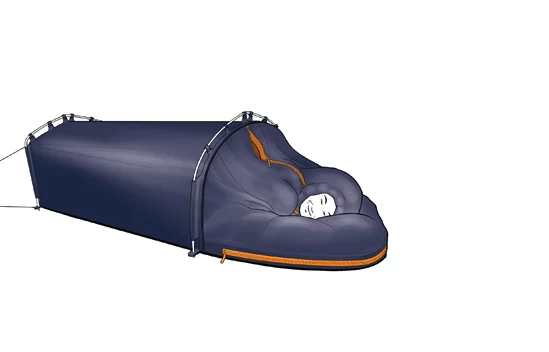 The sleep shell protects with a weatherproof outer layer and high-loft insulation