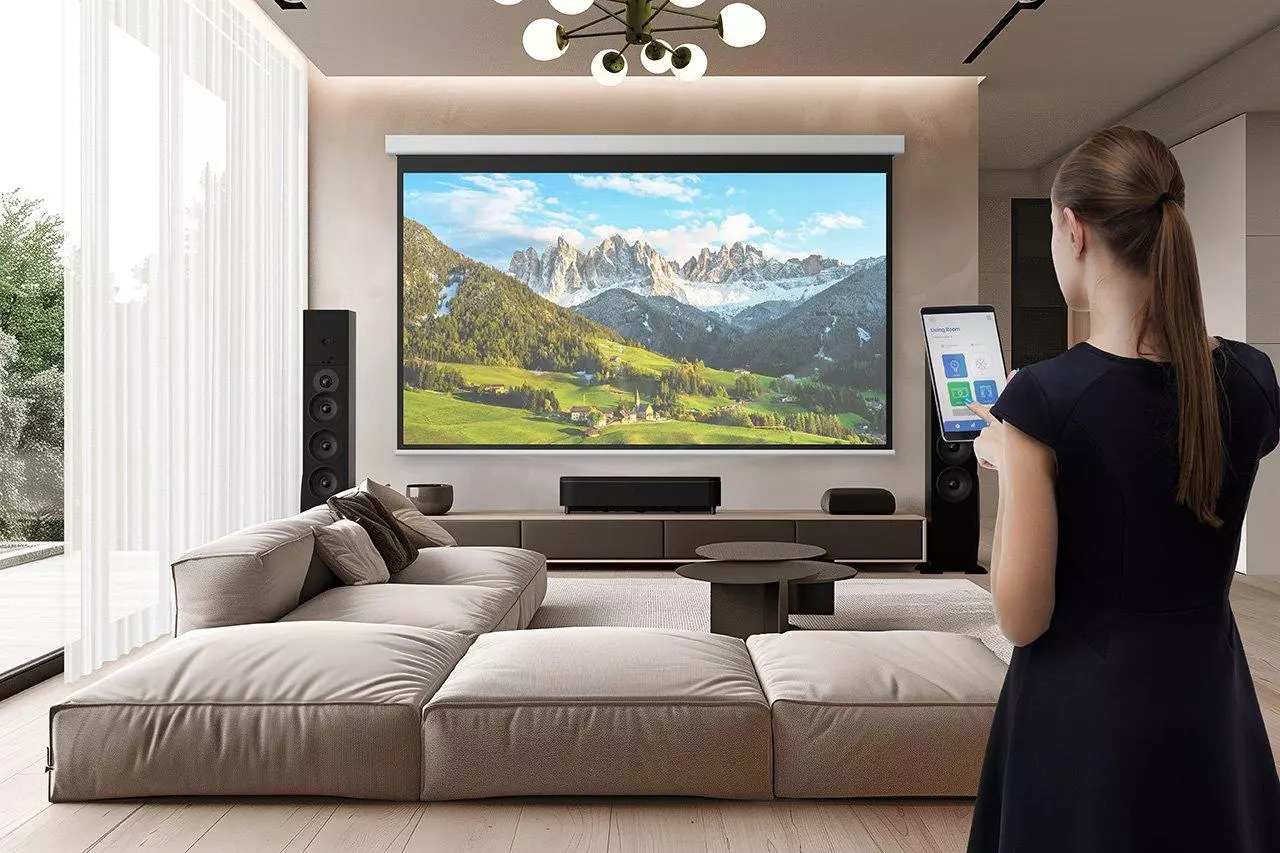 The EH-QS100 super-short-throw laser projectors include network control and setup adjustment via a companion app