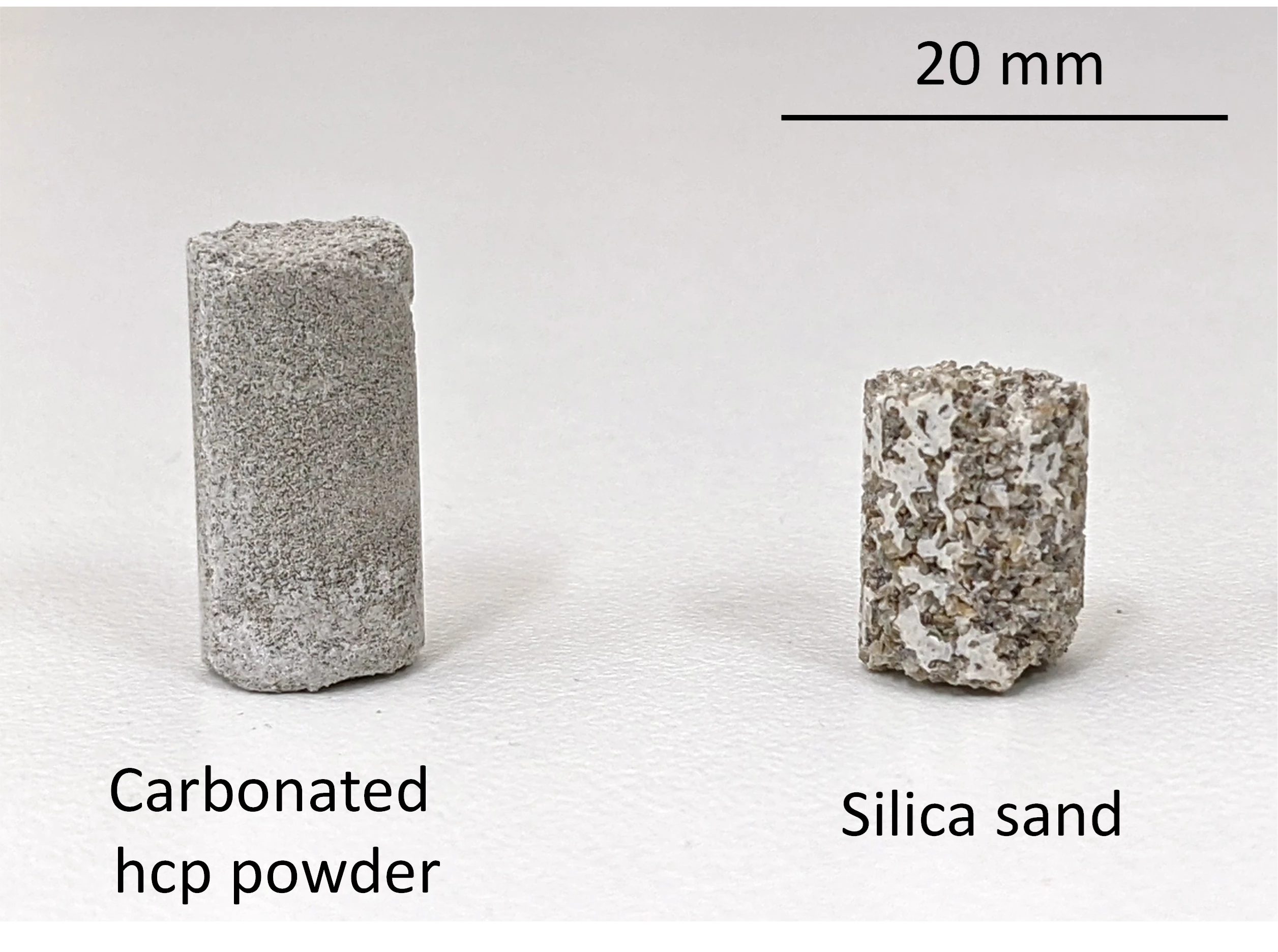 Two samples of the new concrete, made using common construction waste materials – hardened cement paste (HCP) powder and silica sand