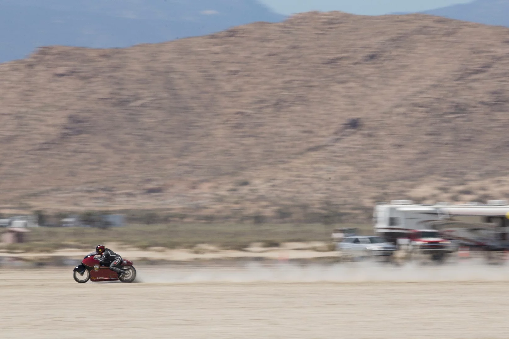 Lee Munro takes another test run on the Indian Scout Streamliner at El Mirage, California