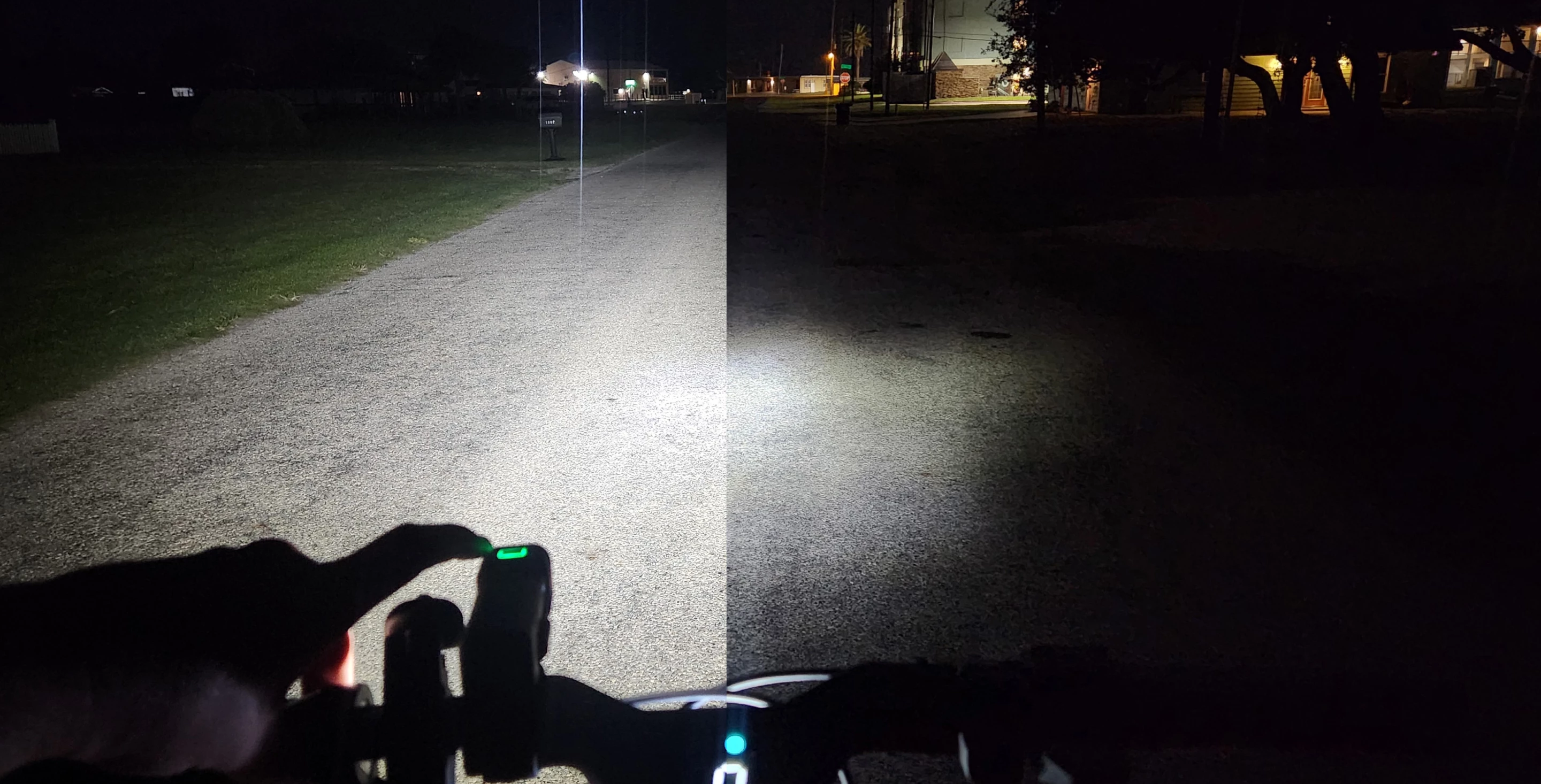 Knog Blinder 1300 on the left, stock headlight on the right. Utter darkness without either.