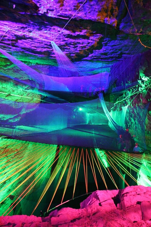 Adding to the atmosphere, multi-colored LED lights have been installed throughout the mine, which project onto the walls of the cavern
