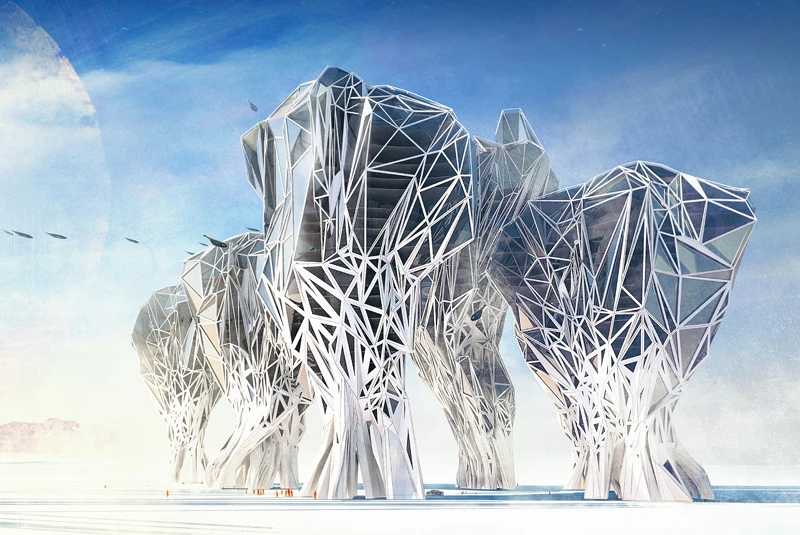 Honorable mention: Quantum Skyscraper by Ivan Maltsev, Artem Melnik. A crystalline, energy-producing research center