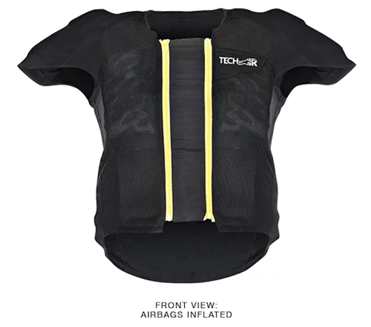 The airbag protects the rider's back, kidney areas, chest and shoulders