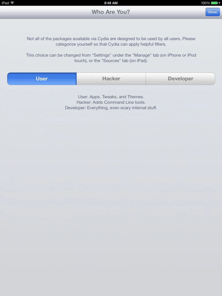 After the file system is prepared, open Cydia again and choose "user"