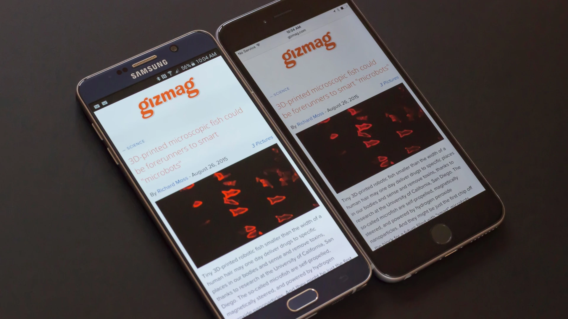 It's screen technology 101, as Gizmag breaks down the differences between AMOLED (on the Galaxy Note 5, left) and IPS (on the iPhone 6 Plus)