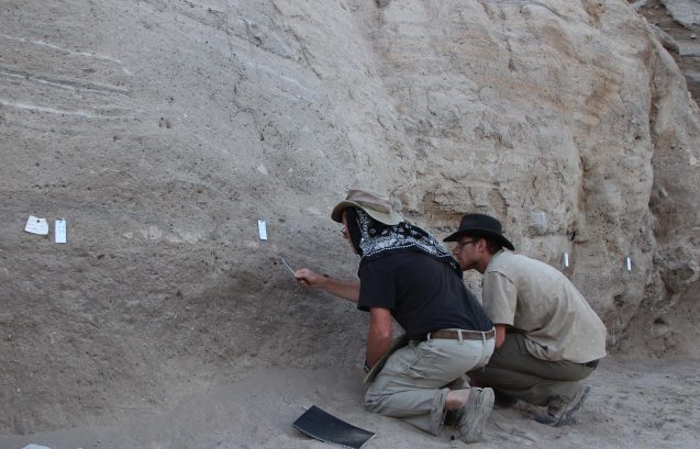 Researchers Jay Quade (left) and Jordan Abell (right) looking for salt samples in the soil