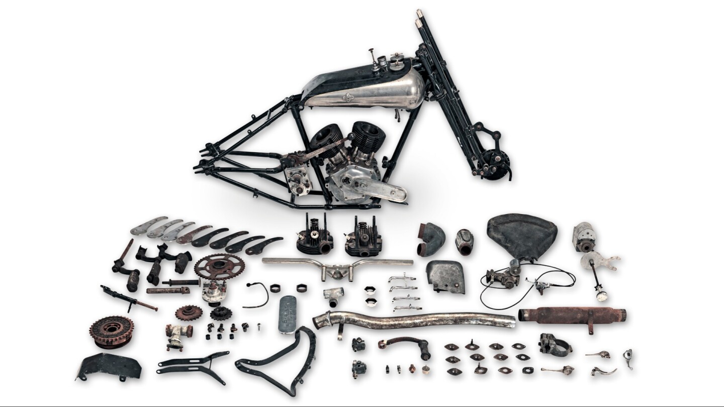 Expensive basket cases have become a hallmark of Bonhams' Stafford sale in recent years, with two of the most valuable basket case motorcycles in history selling in 2015 when a pair of Brough Superior 981cc SS100 Alpine Grand Sport "projects" sold for £236,700 (US$365,000) and £259,100 (US$400,000), respectively. This 1925 Brough Superior SS100 Sand Racer topped them all, selling as a basket case for $347,874 (£264,500), the highest amount ever achieved for a dismantled Brough Superior in GBP. Auction Description