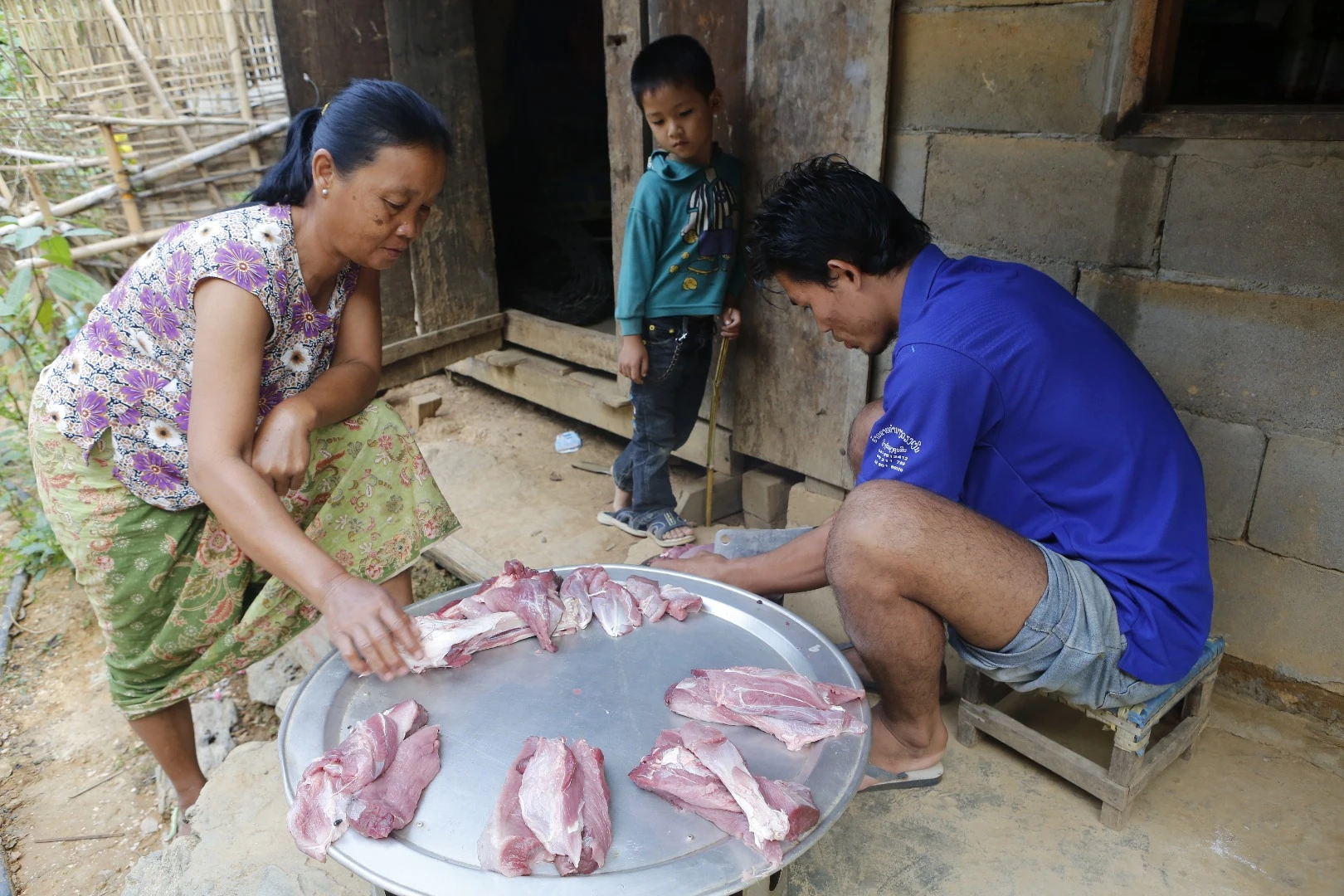 We watched a wild boar that had just been killed, turn into meat on the table.