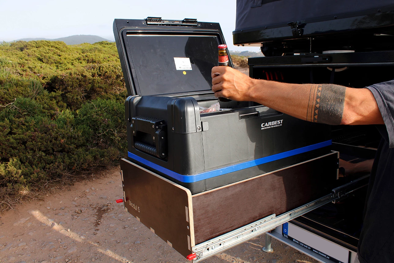 The last module of the bunch, the upper right slide-out is designed to house a fridge/freezer and transport a grill