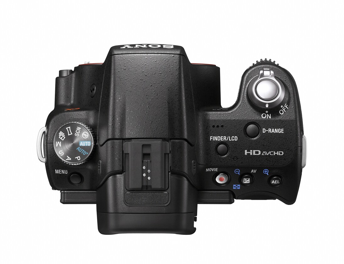The controls on top of the SLT-A33, with familiar PASM dial and a dedicated movie button, a button for switching between Live View and viewfinder and the shutter release