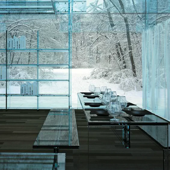 The dining room of Carlo Santambrogio's glass house