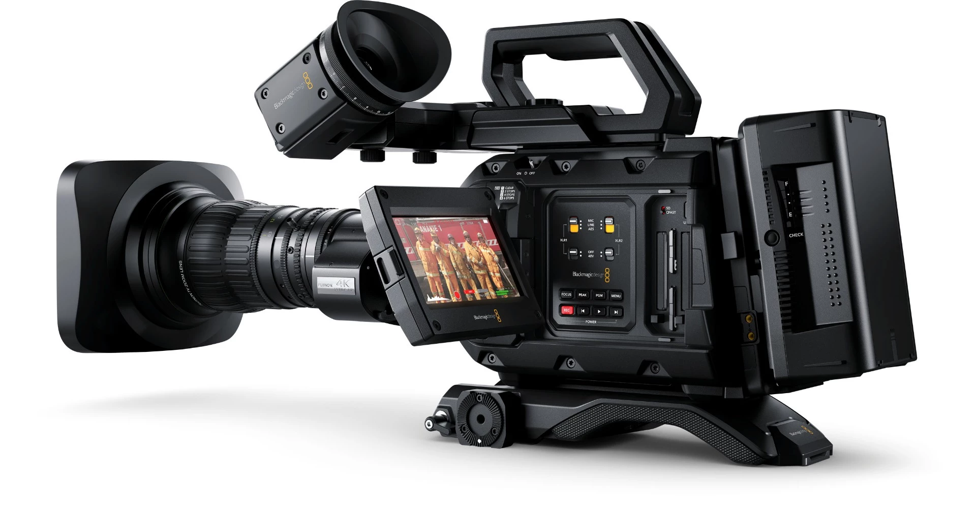 The Blackmagic URSA Broadcast 4K camera features a fold-out 4-inch capacitive touchscreen display