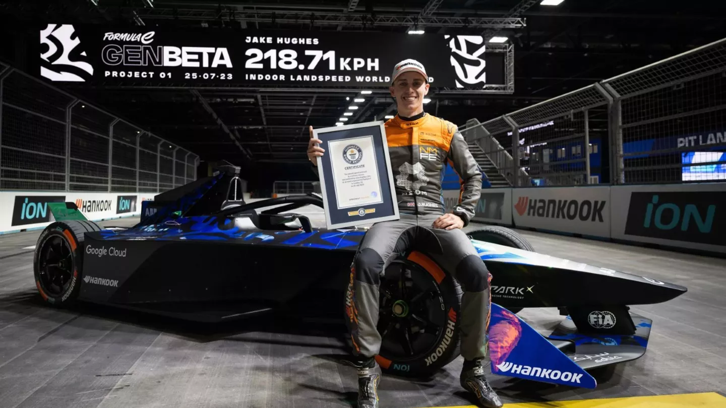 Jake Hughes has driven a modified Gen3 Formula E race car into the records books, setting the indoor speed world record along a straight section of the 2.09-km indoor/outdoor track at ExCeL London