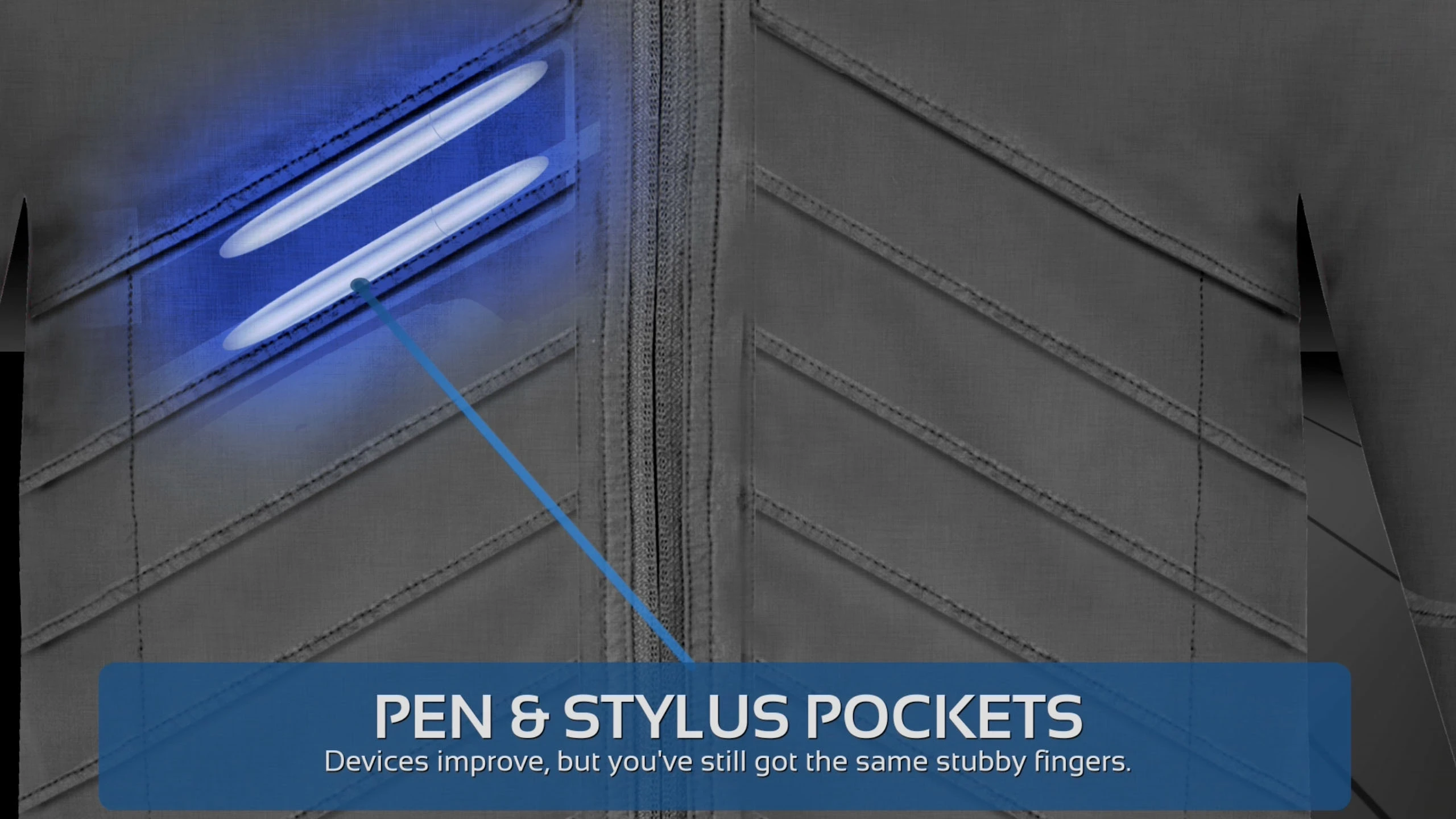 The jacket includes pen and stylus pockets