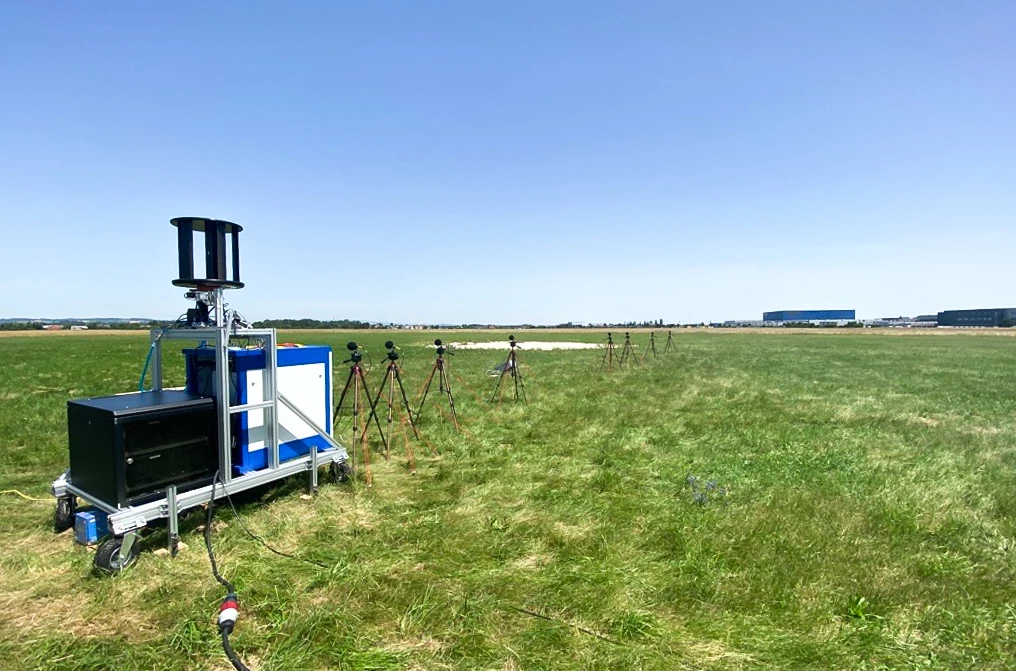 An array of microphones set up for acoustic testing