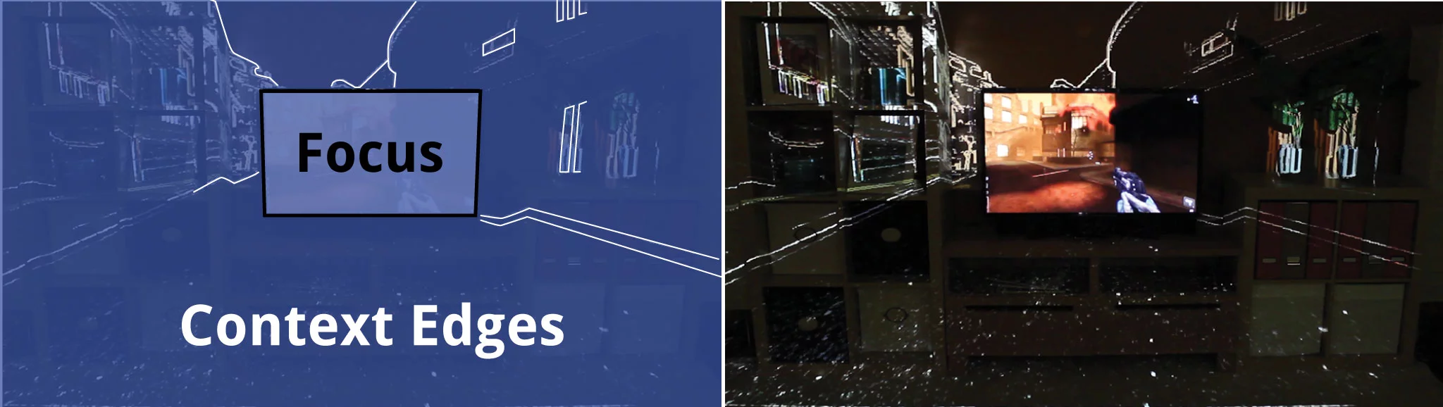 IllumiRoom can also set the visuals to appear differently from those on the TV, so only certain elements (edges of buildings, bullets, explosions, power-ups, etc.) are shown to give a distinctive style