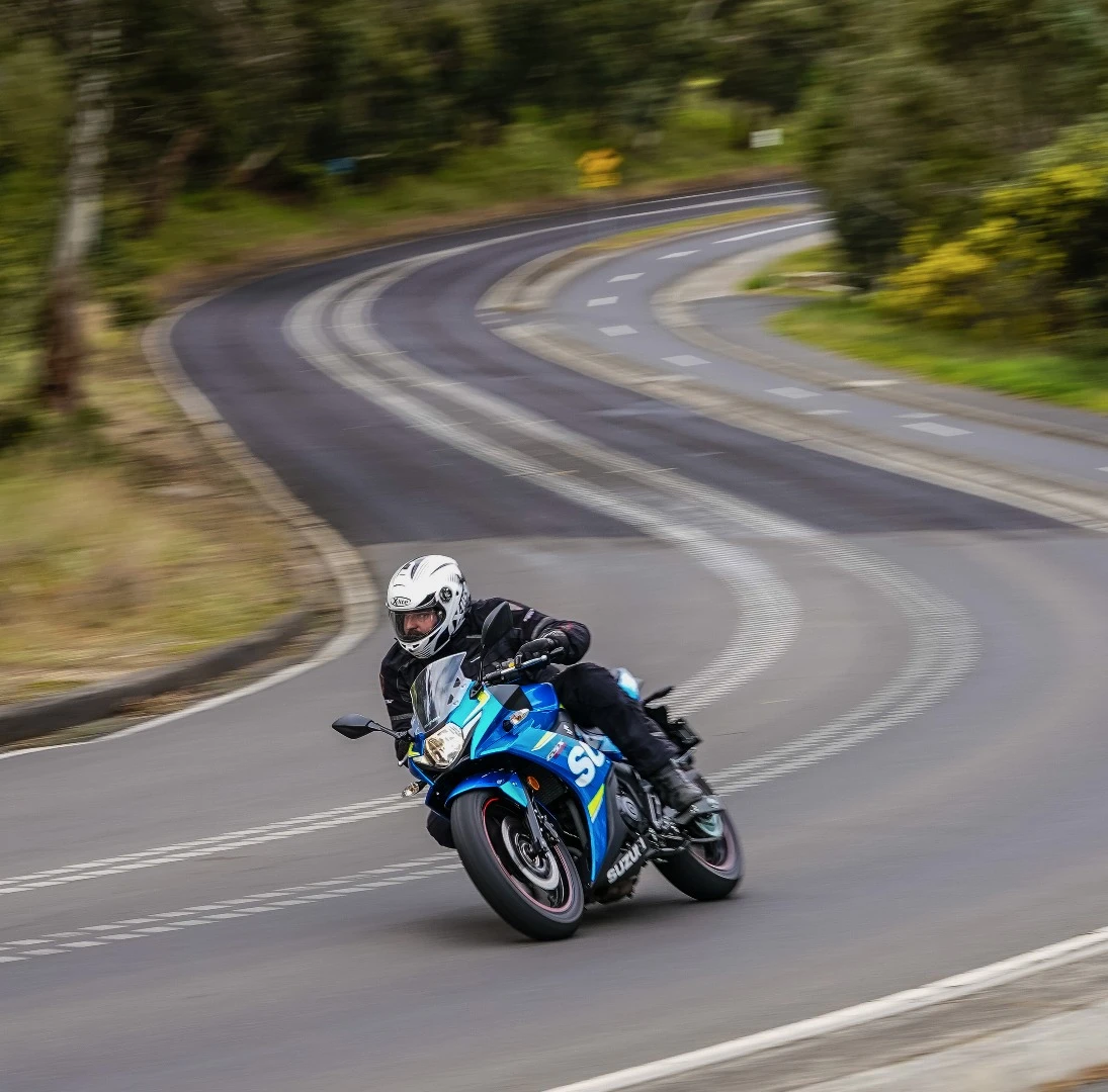 In the corners, the GSX-250R is a hoot. It steers quickly and its suspension punches above its weight.