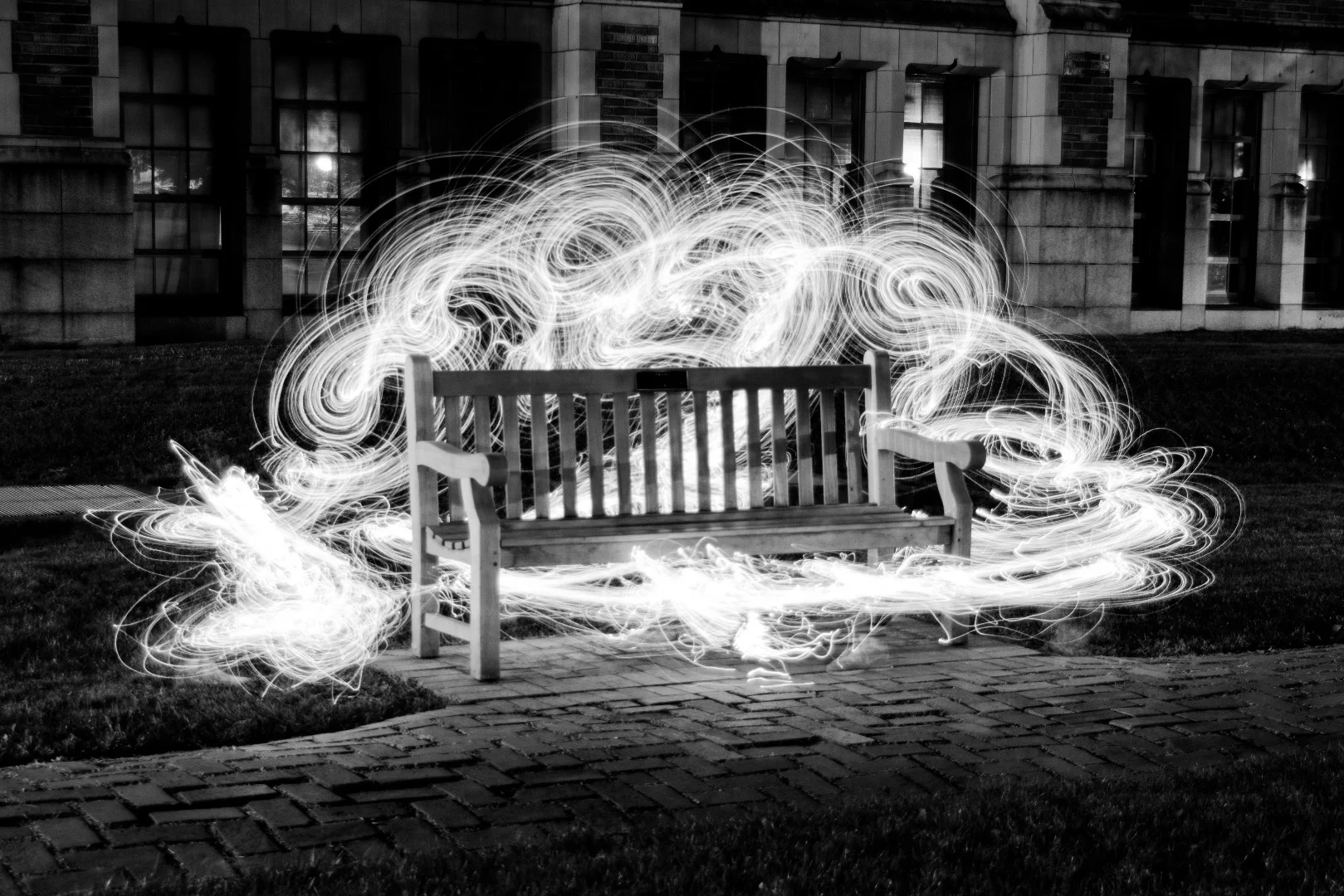Artist caption, "I truly believe that magic can be found in ordinary places. With a strand of string lights, some elbow grease, and the magic of light photography, I've made the bench come to life"