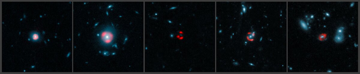 ALMA/ESA Hubble Space Telescope composite images showing five distant galaxies, with ALMA observations shown in red (Image: ESO/NASA)