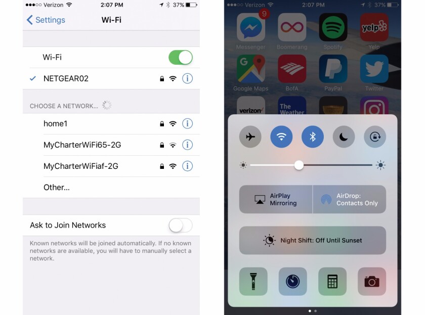 Settings > Wi-Fi; Turning Bluetooth off from the Control Center