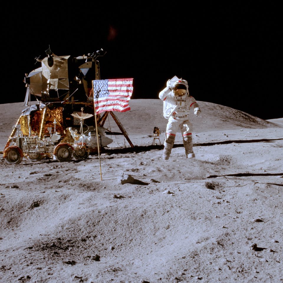 Apollo 16 commander John Young saluting the flag while jumping (Photo: NASA)