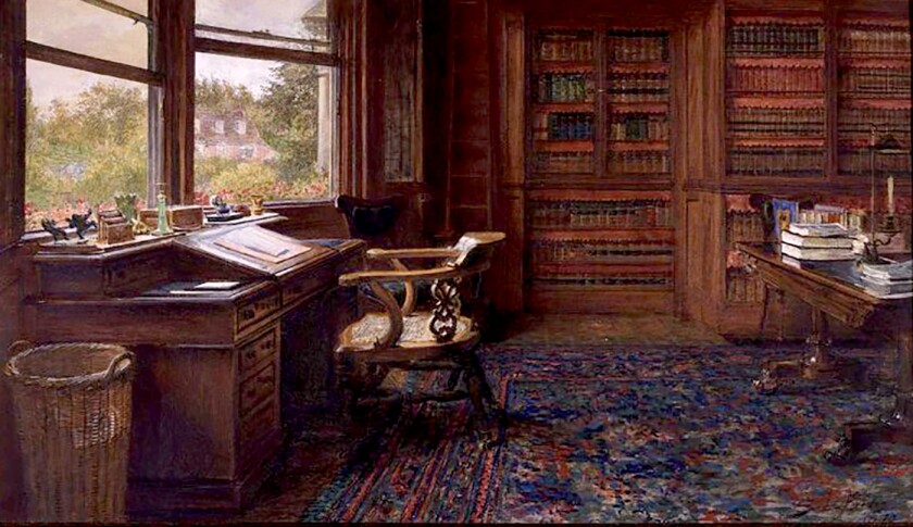 Charles Dickens' writing room at Gad's Hill Place, near Rochester in Kent, as portrayed in Sir Samuel Luke Fildes' painting "The Empty Chair", painted following Dickens' death. This was the room in which Dickens wrote Great Expectations. Fildes' painting now resides in the Charles Dickens Museum at the author's former home in London, and the desk was recently acquired from the 2008 purchaser by the museum too.