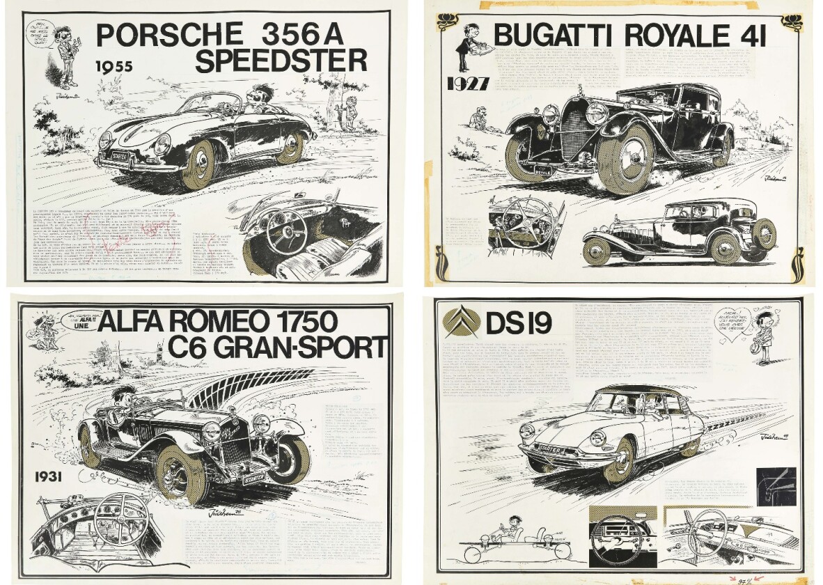 If you live in the United States, or for that matter, outside of Europe, it is difficult to comprehend the importance of matters automotive. In France, Germany and Great Britain, motor racing has for the last century been as much part of the daily conversation of the populace as the weather, and many automotive artifacts that are inconsequential in America, are of immense cultural importance in Europe. This is one such example, where the tradition of narrative art in Europe and the publication of the weekly comic art Le Journal de Spirou resulted in a much loved series of automotive posters by Jean de Mesmaeker (Jidéhem). The original art of the posters which comprised the The Chronicle of Starter were up for grabs and they did not disappoint. Sold for $7,964 (€6,500) each each.
