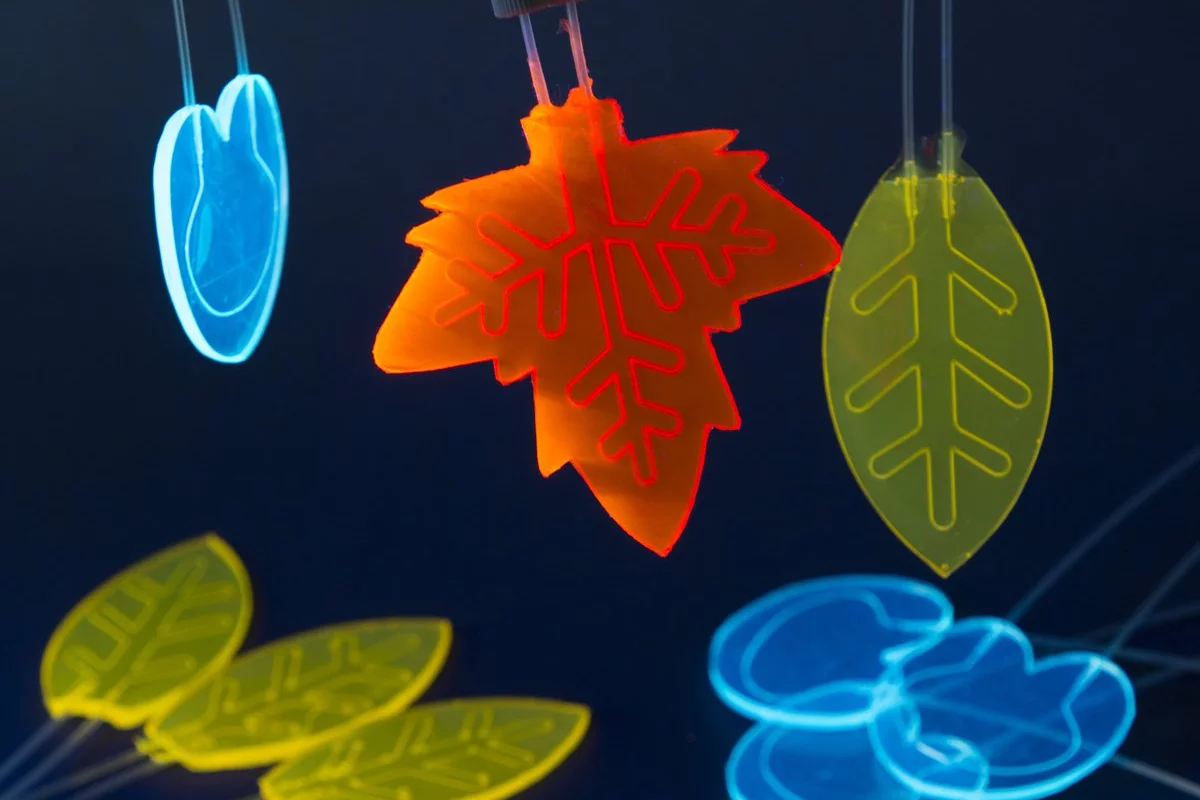 The team's artificial leaf designs, with the microfluidic channels visible inside