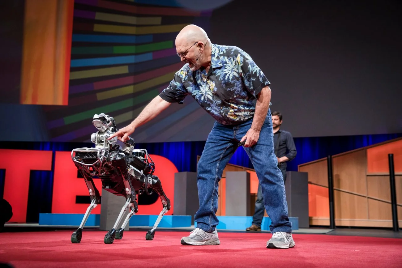 An earlier version of the SpotMini robot from Boston Dynamics is demonstrated onstage during a Ted talk