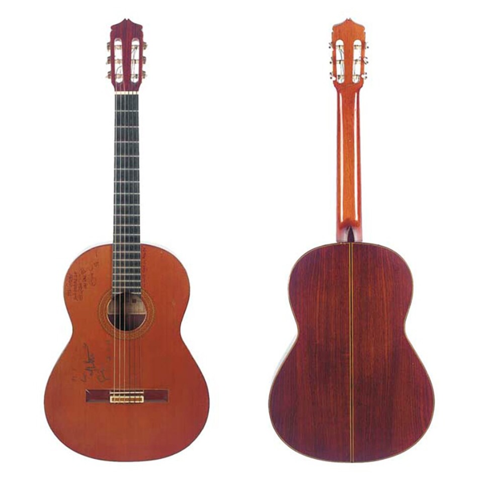 The most expensive classical guitar ever sold at auction, this 1977 Juan Alvarez Classical was used by Eric Clapton in the promotional video for 'Tears in Heaven.' It was also used on MTV’s 1992 "Unplugged" when he played it on "Signe," "Tears in Heaven" and "The Circus Left Town" and in the very poignant interview with Sue Lawley of the BBC when he played "Tears In Heaven" publicly for the first time. It was also the guitar used by Clapton 18 hours a day during his period of grieving after the death of his son, and the guitar on which he wrote "Tears in Heaven." It sold for $253,900 at a Christies auction on 24 June, 2004
