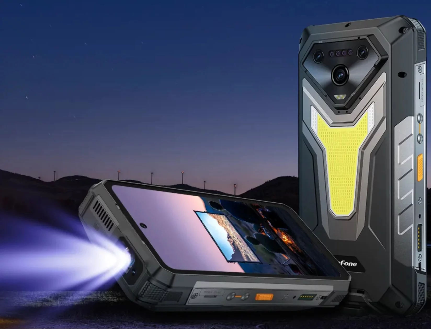 120-Hz FHD+ display, built-in pico projector, 25,500-mAh battery, powerful camp light and night-vision camera