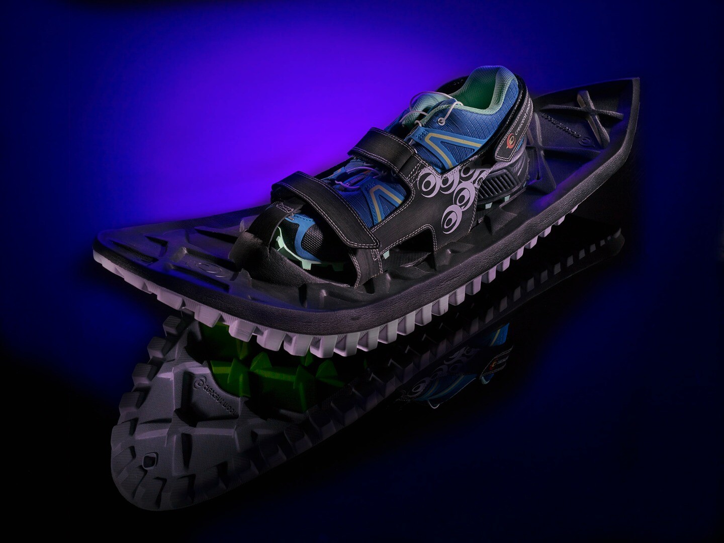 Foam snowshoe channels running shoes and snow tires