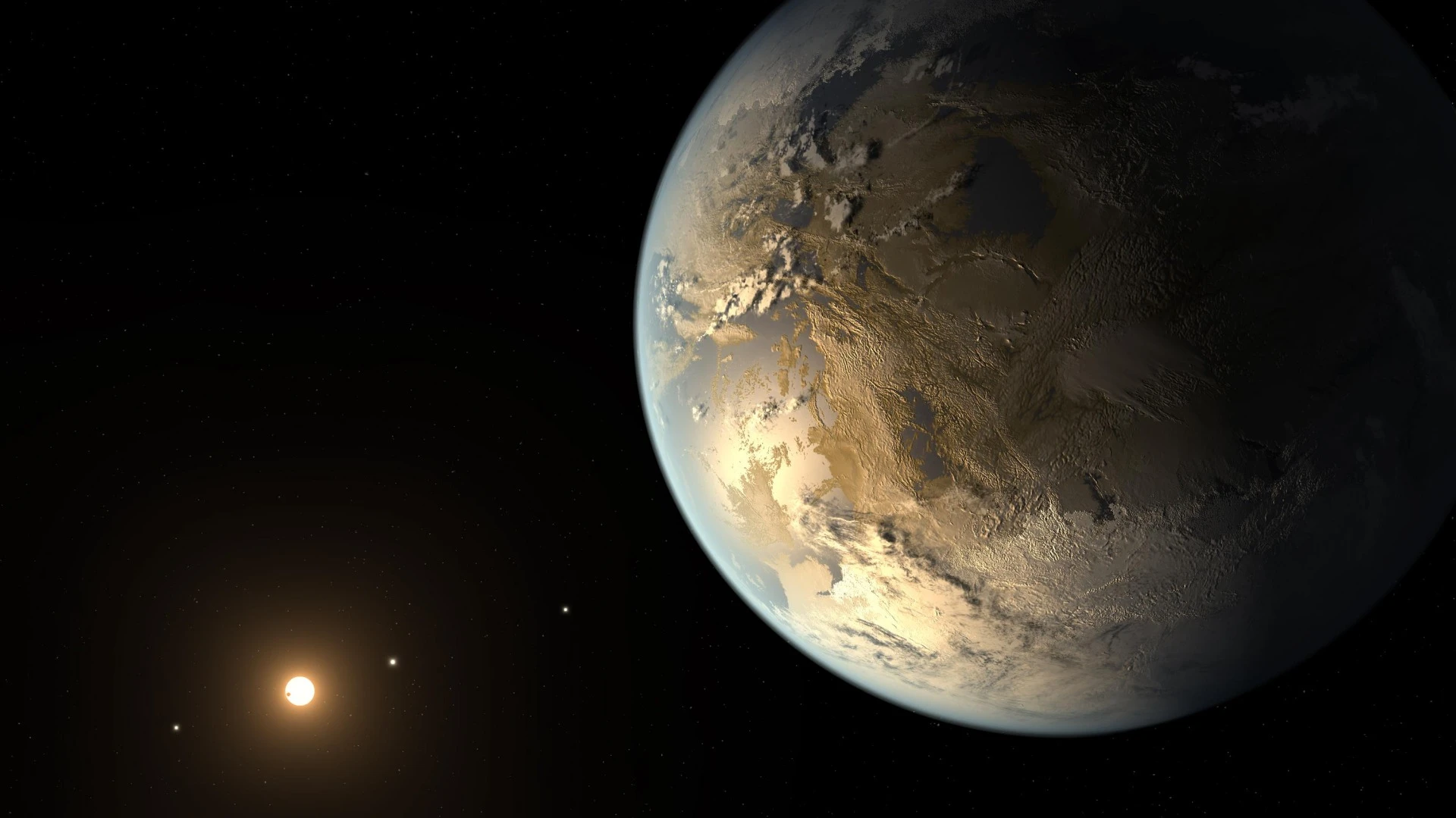 An artist's rendition of Kepler-186f, an Earth-like exoplanet that astronomers now believe has a stable axial tilt, giving it regular seasons and a comfortable climate