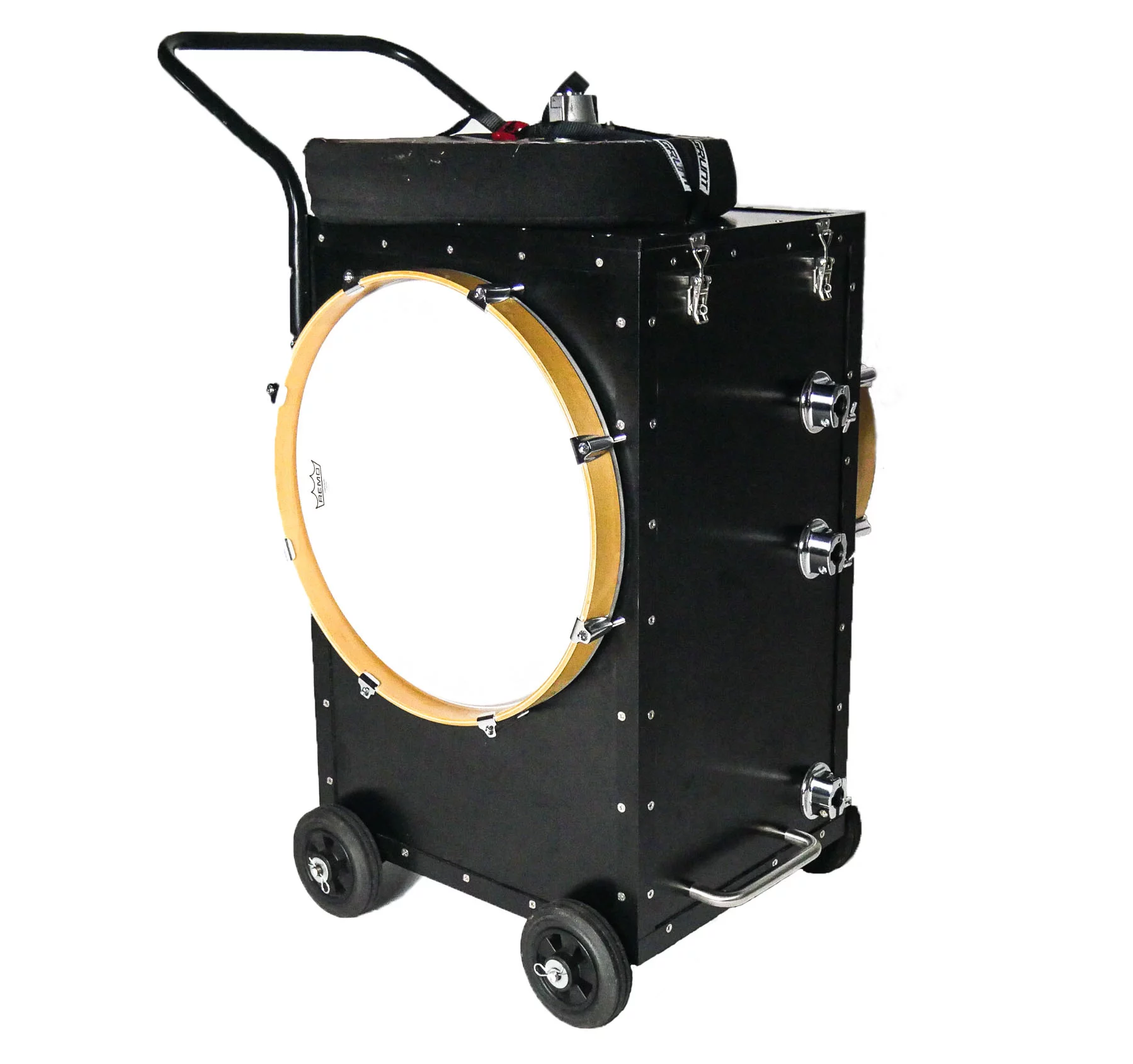 The padded drummer's seat rides on top, but the cymbals need to be carried in a separate bag on your back