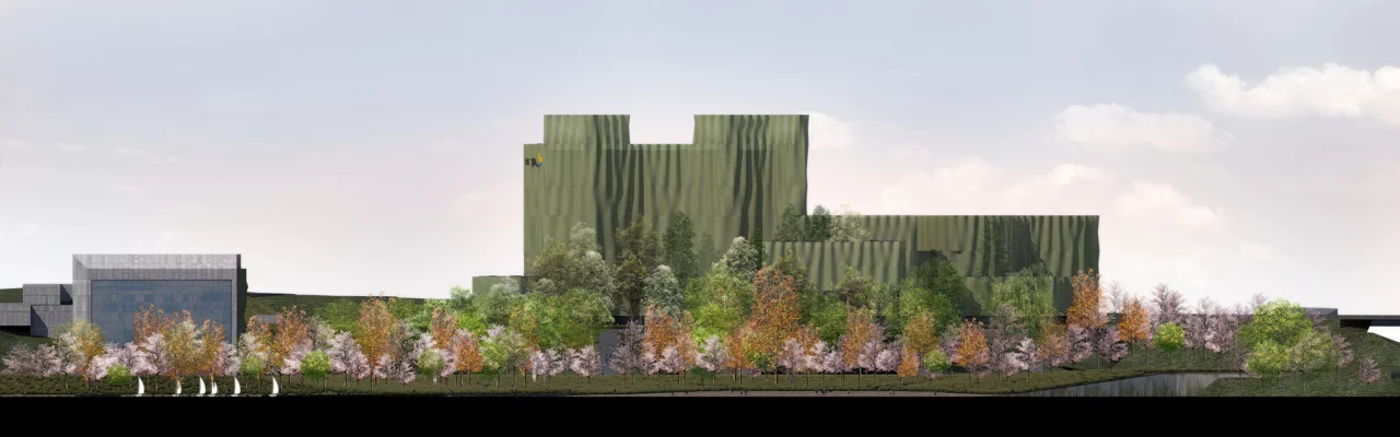 Though initially the idea would be to erect a green textile structure to create an immediate visual barrier, this would be replaced over time with meshes which would support climbing vegetation (Image: AZPA)