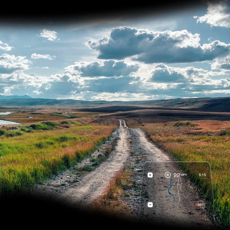 Example of what a dirt bike or adventure rider sees using Nuviz with the information displayed in the bottom right field of vision