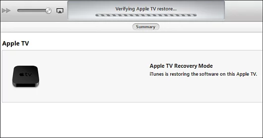 iTunes is restoring your Apple TV 2 in Recovery Mode to the Jailbreak version of the software