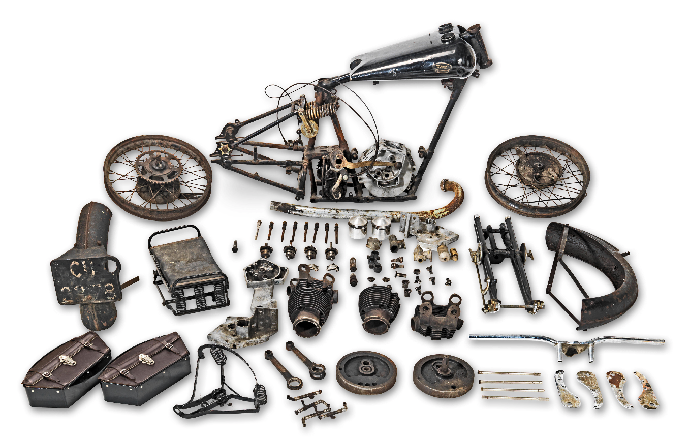 Yet another basket case Brough Superior, though very little is known of the history other than that it has been in single family ownership for the last 70 years. Despite being in bits, the bike appears complete, though it went to auction with a crack in the timing case of the JAP engine. Sold for $166,375 (£126,500) Auction Description
