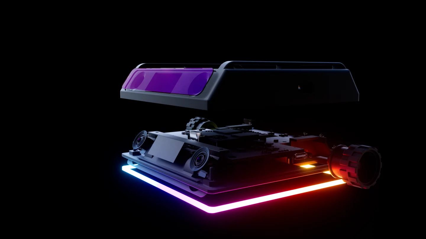 Two motorized wheels to the rear with encoders for positioning precision and the ability to roll over multiple surfaces, plus 40 RGB LEDs for a custom lightshow