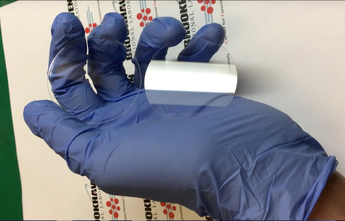 A sample of the nanotextured glass (left), as compared to an untreated sample