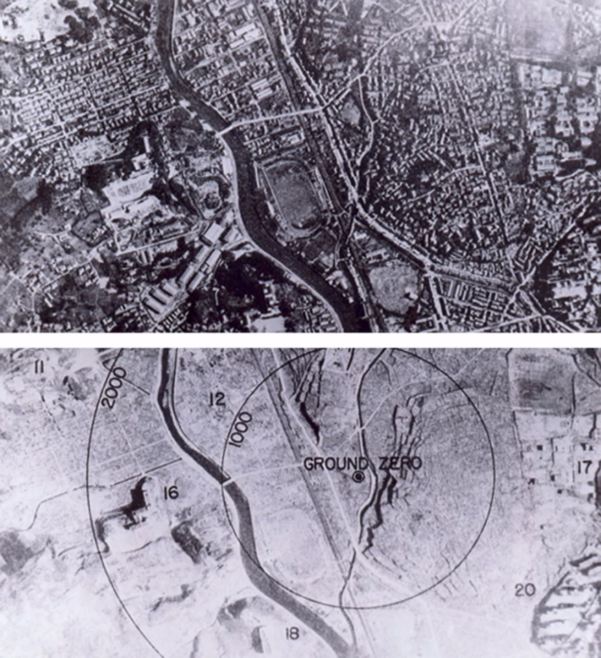 Before and after images of the Hiroshima bombing