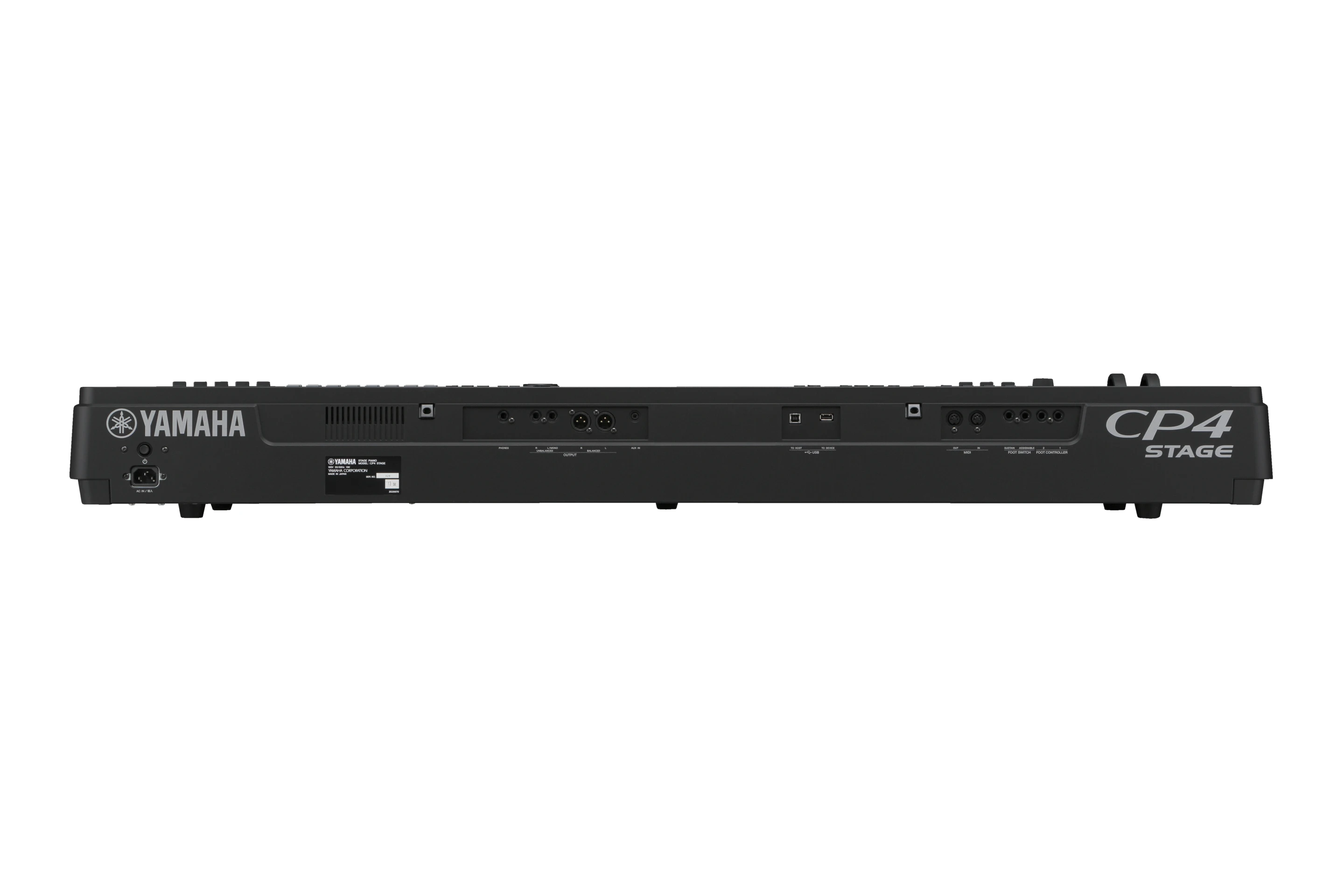 Connectivity options to the rear include unbalanced mono audio jack and balanced XLR outputs, foot controller inputs, MIDI in and out terminals, and USB ports