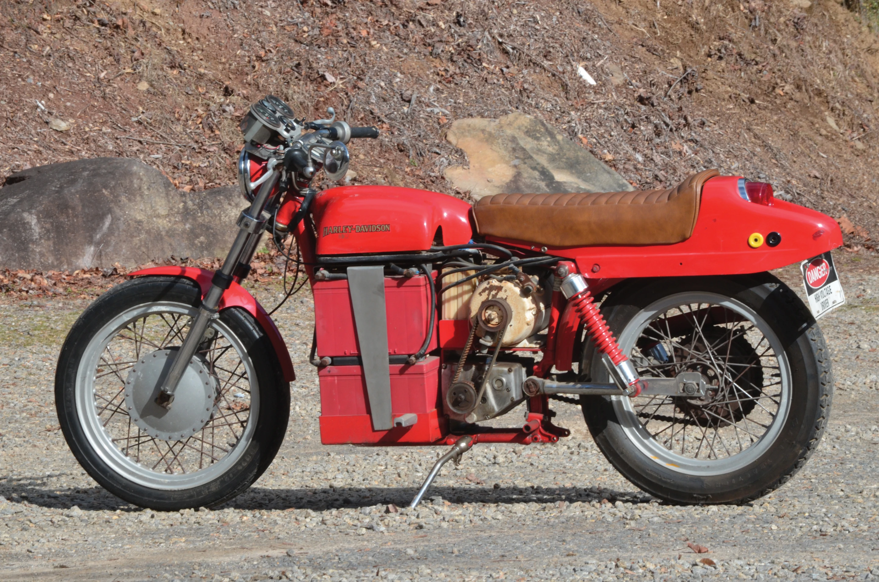 This model is a one-off Hawaiian-built vehicle that uses the chassis from a 1971 Harley-Davidson XLH Sportster and a variable-speed electric motor