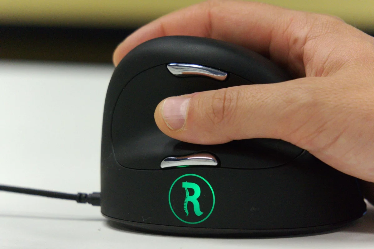 The thumb side of the mouse features an LED indicator that'll glow green, orange, or red to indicate whether you need a break