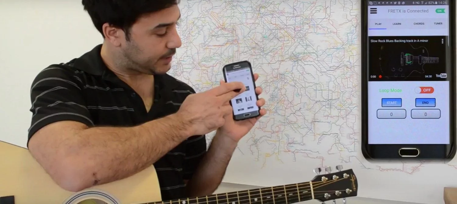 The FretX system is capable of demonstrating chords from YouTube videos on the FretX channel