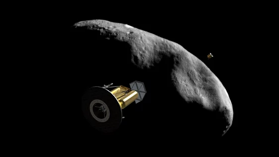 Artists impression of an Arkyd-200 series interceptor passing a candidate asteroid for mining